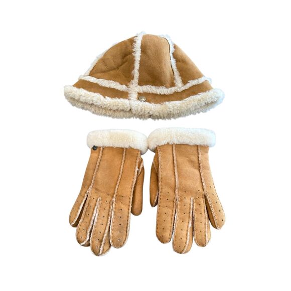 UGG Australia Shearling Sheepskin Bucket Hat & gloves Tan Leather Fur Trim Size - Picture 2 of 12